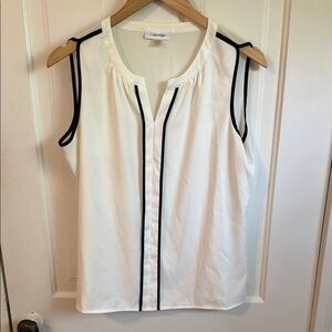 Calvin Klein // Cream Sleeveless Blouse with Black Trim